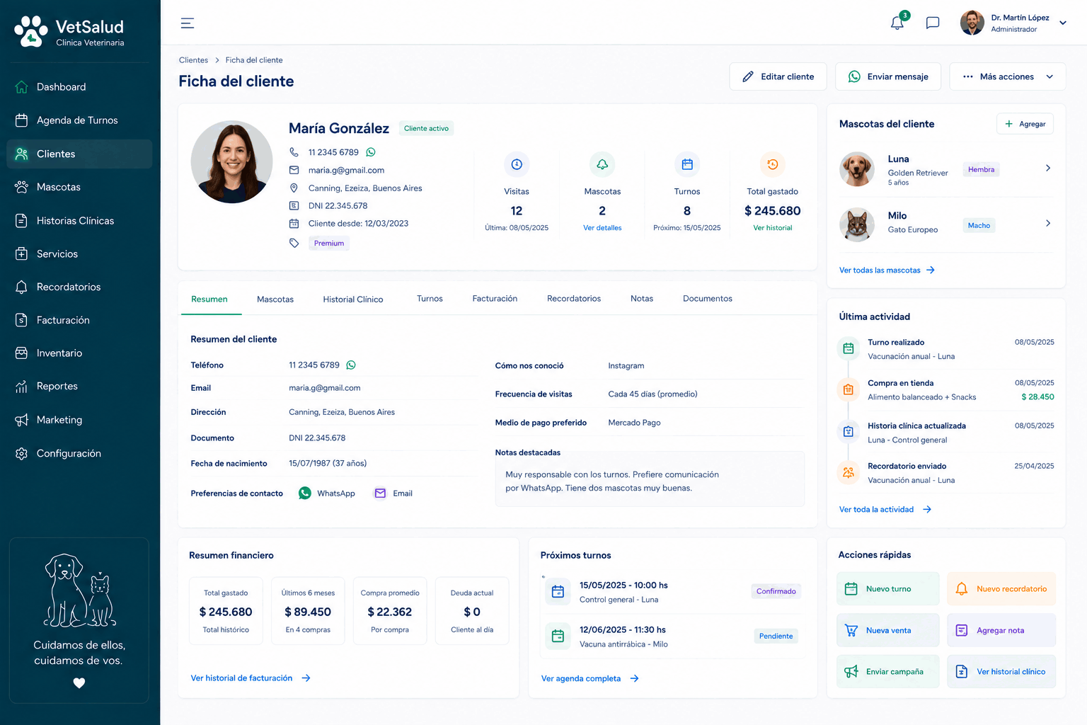 Clientes y pacientes en Vet 360iA: La ficha del dueño con sus mascotas, su historial y su WhatsApp, a un clic desde cualquier pantalla.